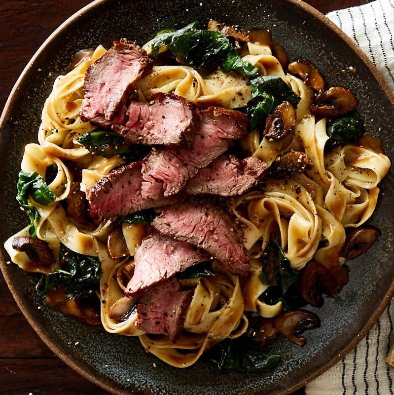 Tuscan Sirloin Steak with Mushrooms & Fettuccine in Three Peppercorn Sauce