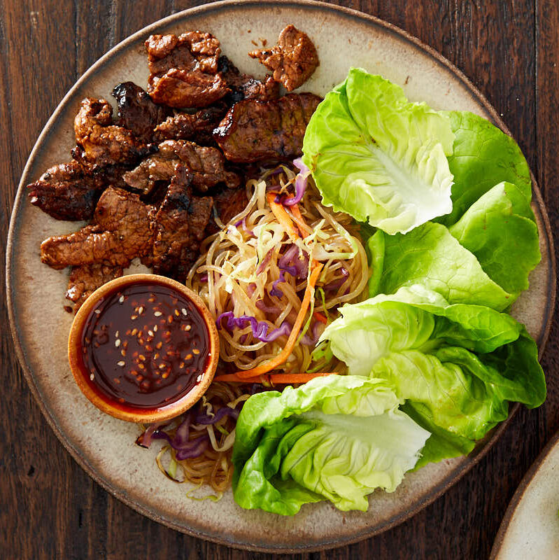 Korean Bulgogi Beef Lettuce Cups with Vegetable "Japchae"