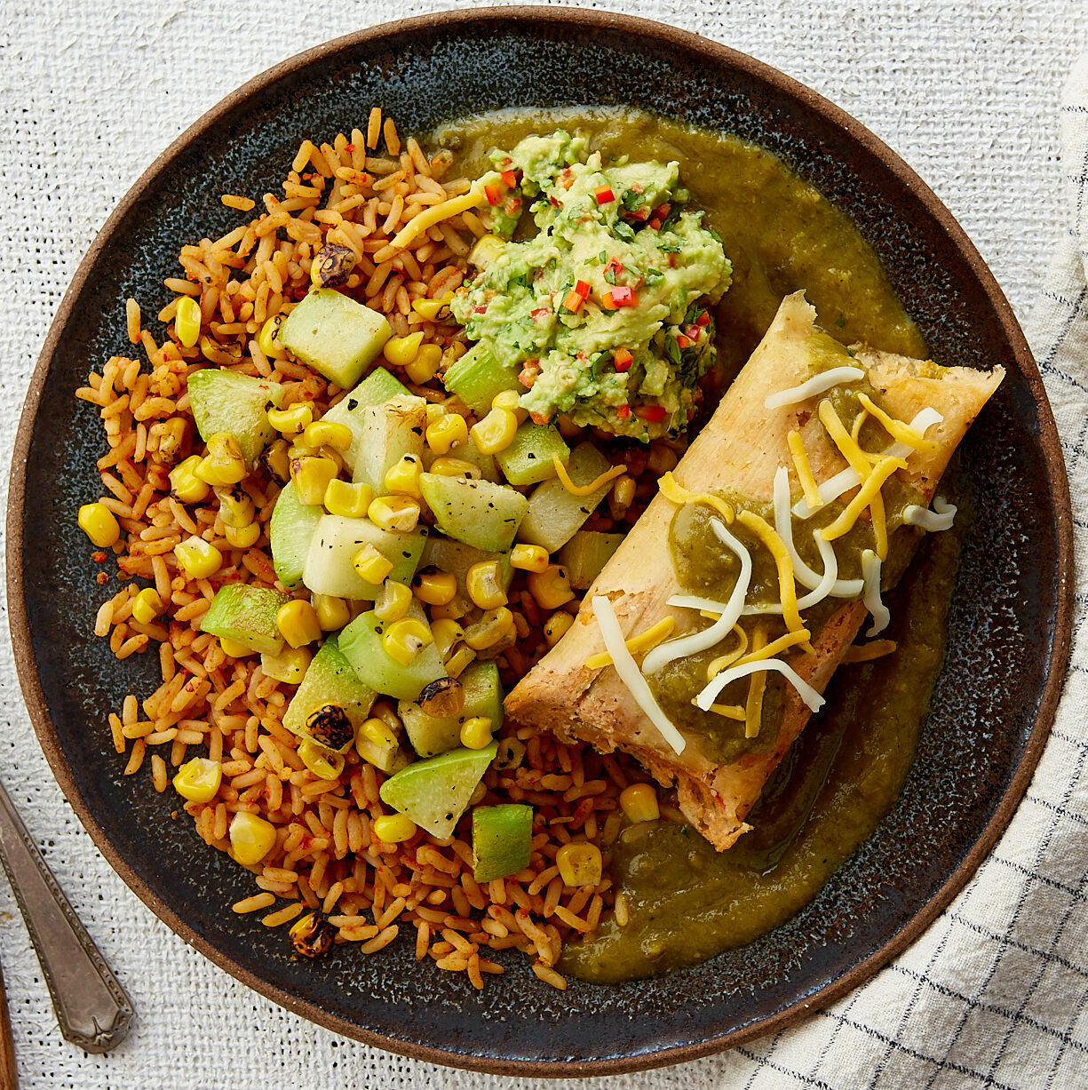 Green Chile Chicken Tamales with Mexican Rice & Guacamole