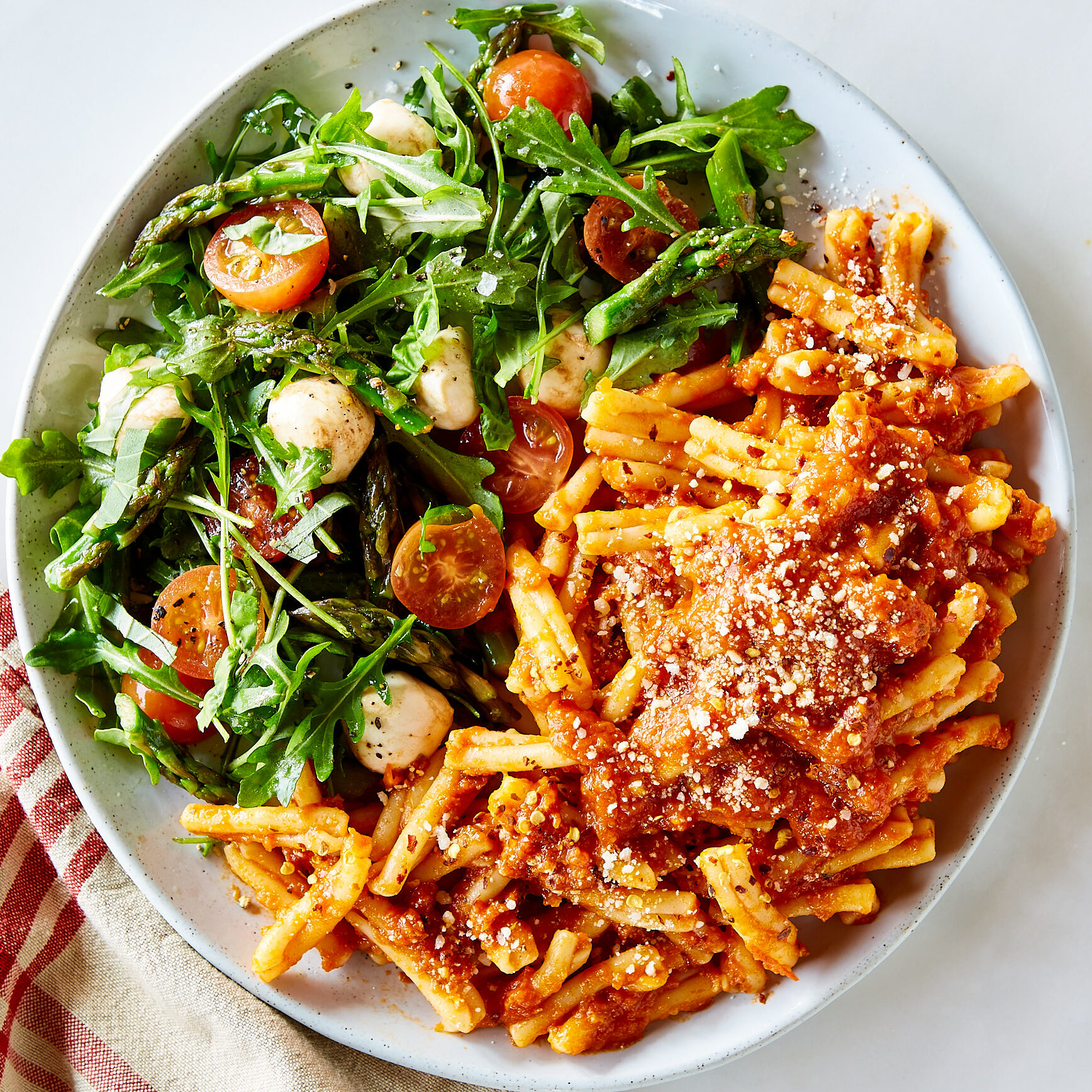 Gemelli Pasta Arrabbiata with Caprese Salad