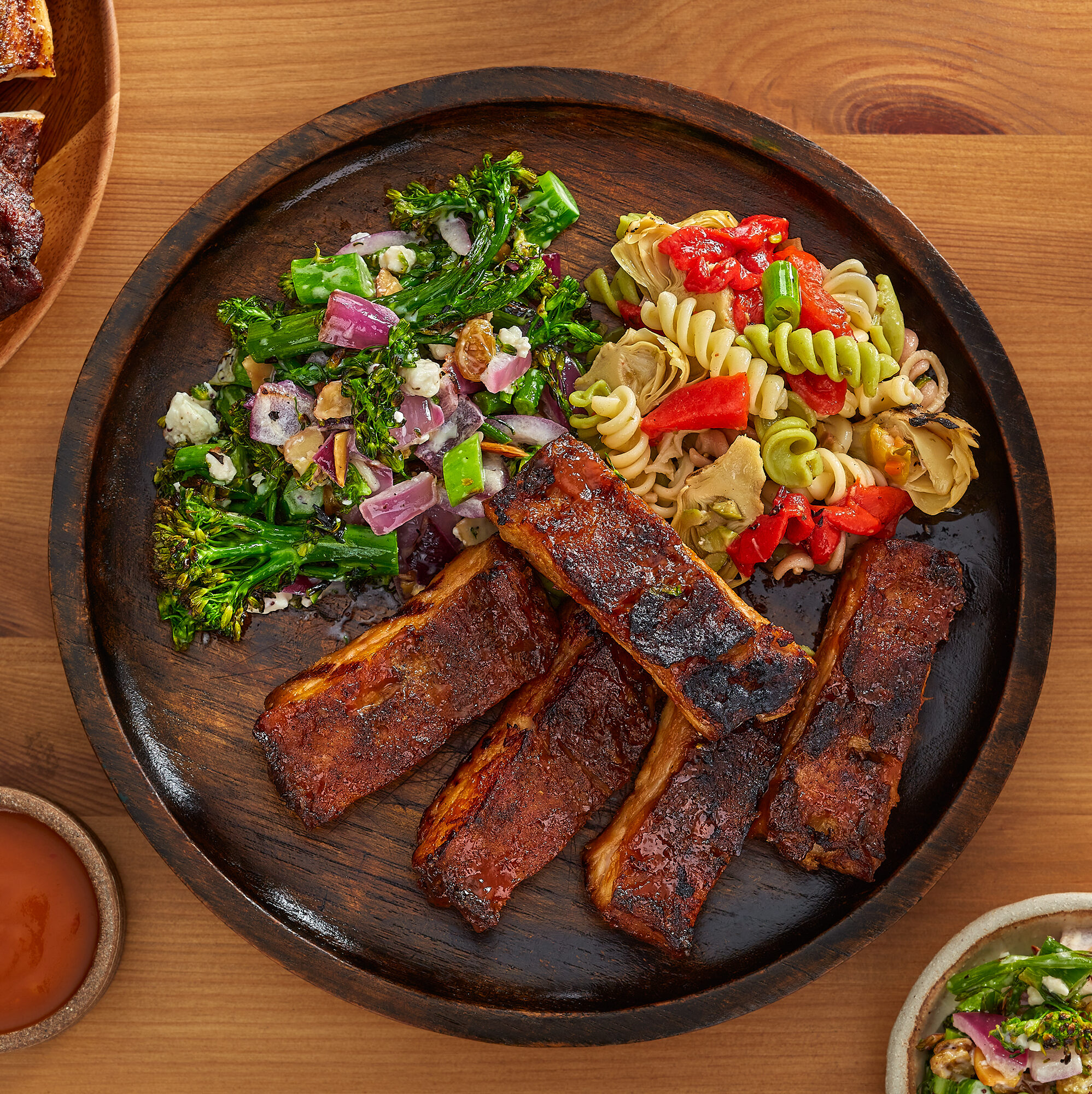 Barbecue Spare Ribs with Fusilli Pasta & Roasted Broccolini Crunch Salads for Four