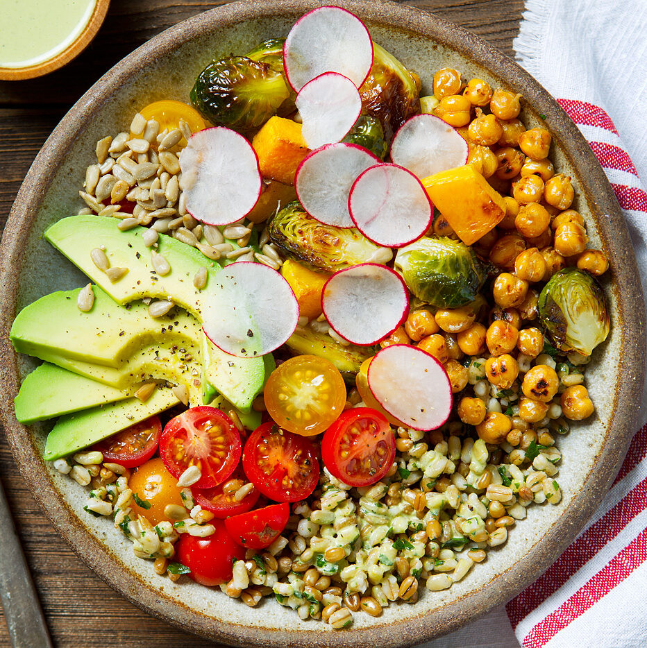 Roasted Vegetables & Harvest Grain Bowl with Sweet Basil Lemon Dressing
