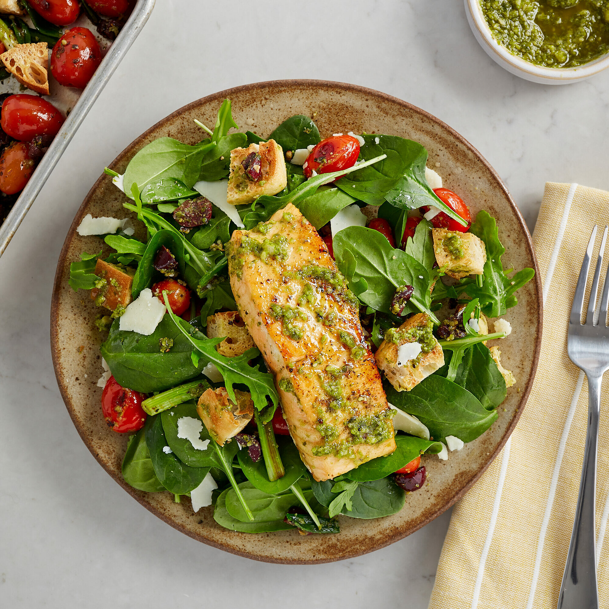 Sheet Pan Basil Pesto Salmon Panzanella with Arugula & Red Wine Vinaigrette