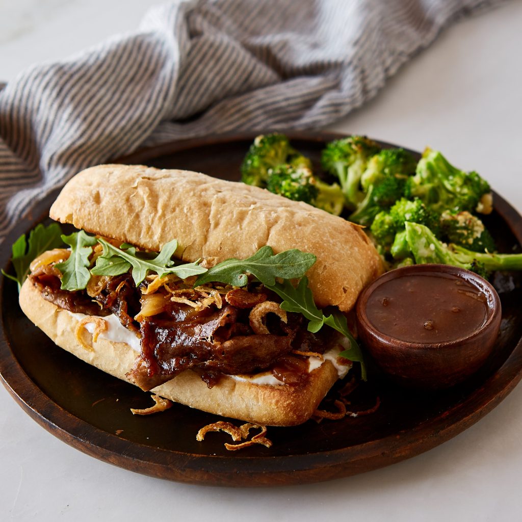 Ribeye Steak French Dip Sandwich with Horseradish Cream & Parmesan Roasted Broccoli
