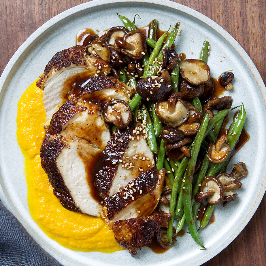 Lean & Clean Honey-Hoisin Glazed Chicken Breasts with Carrot-Ginger Puree & Haricots Verts