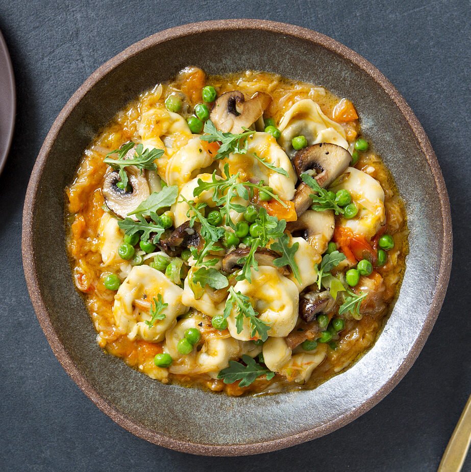 Mushroom Tortellini with Spring Peas & Pomodoro Sauce