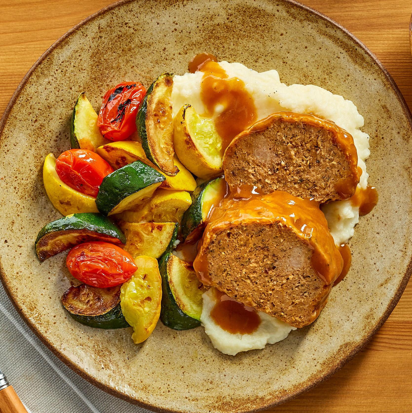 Sunday Meatloaf with Mashed Potatoes, Gravy and Sautéed Vegetables for Four
