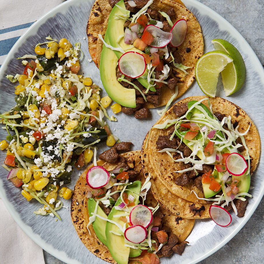 Carne Asada Street Tacos with Avocado & Poblano Elote Salad