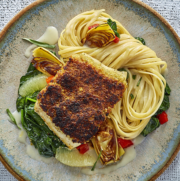 Artichoke Pesto Crusted Halibut & Fettuccine Pasta with Lemon Beurre Blanc