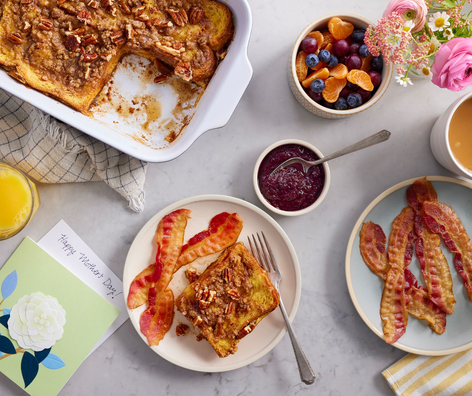 Mother's Day Brown Sugar and Cinnamon French Toast Breakfast Casserole with Bacon & Fruit Cocktail