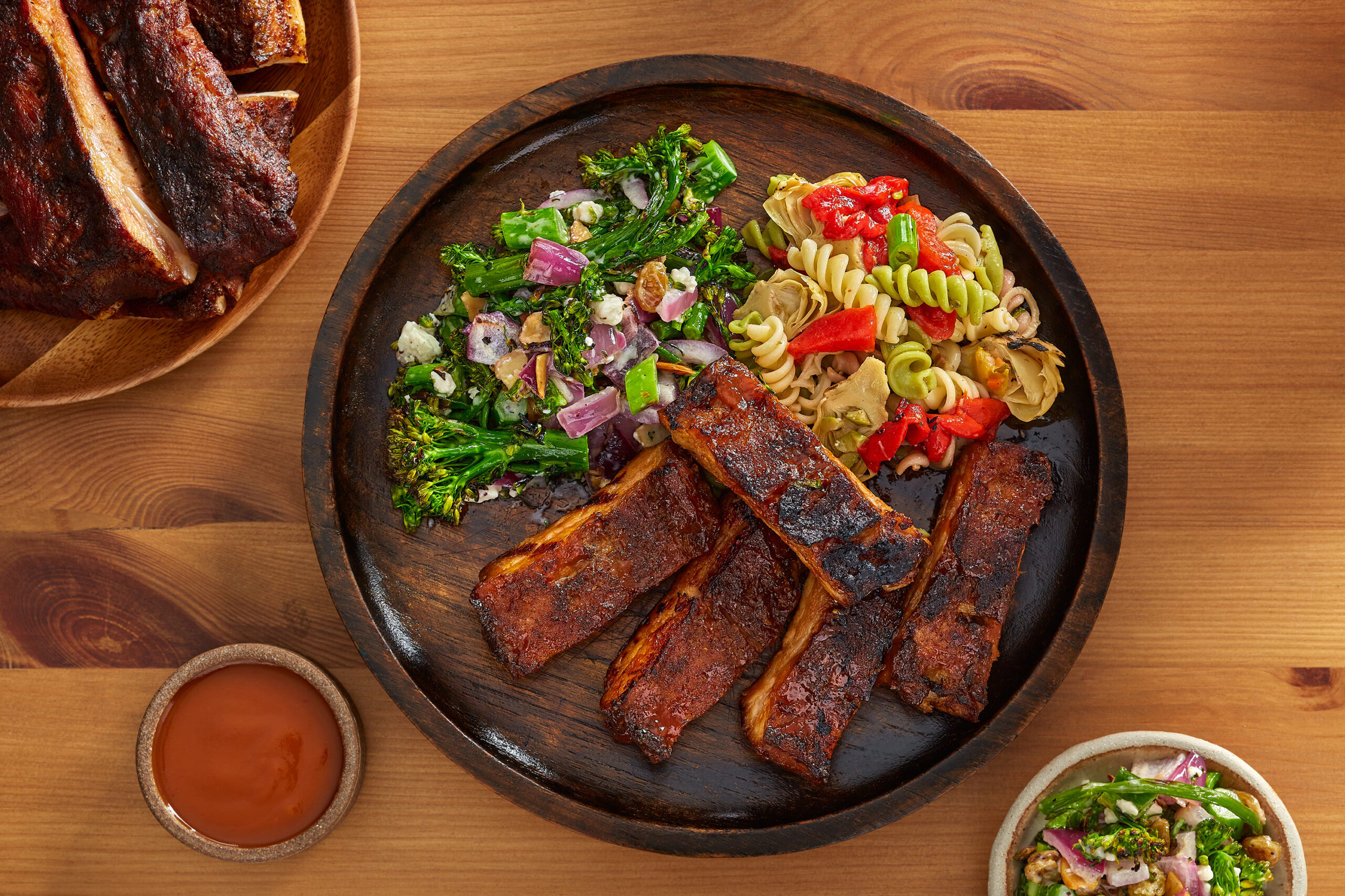 Barbecue Spare Ribs with Fusilli Pasta & Grilled Broccolini Crunch Salad