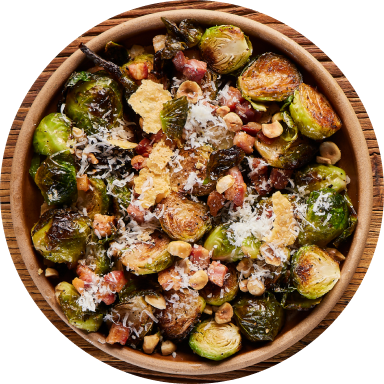 Roasted Brussels Sprouts with Pancetta, Balsamic, & Pecorino